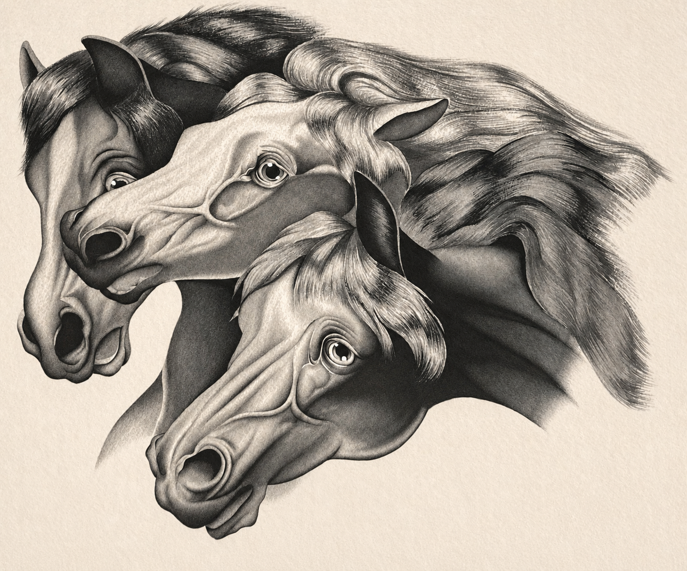 Tre teste di cavallo disegnate a grafite